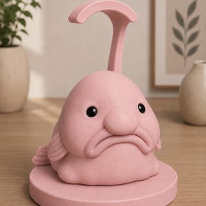 May include: A pink blob fish figurine with a curved handle, set on a round base. The figurine has black eyes and a downturned mouth, giving it a sad expression. The item is made of a solid, textured material.