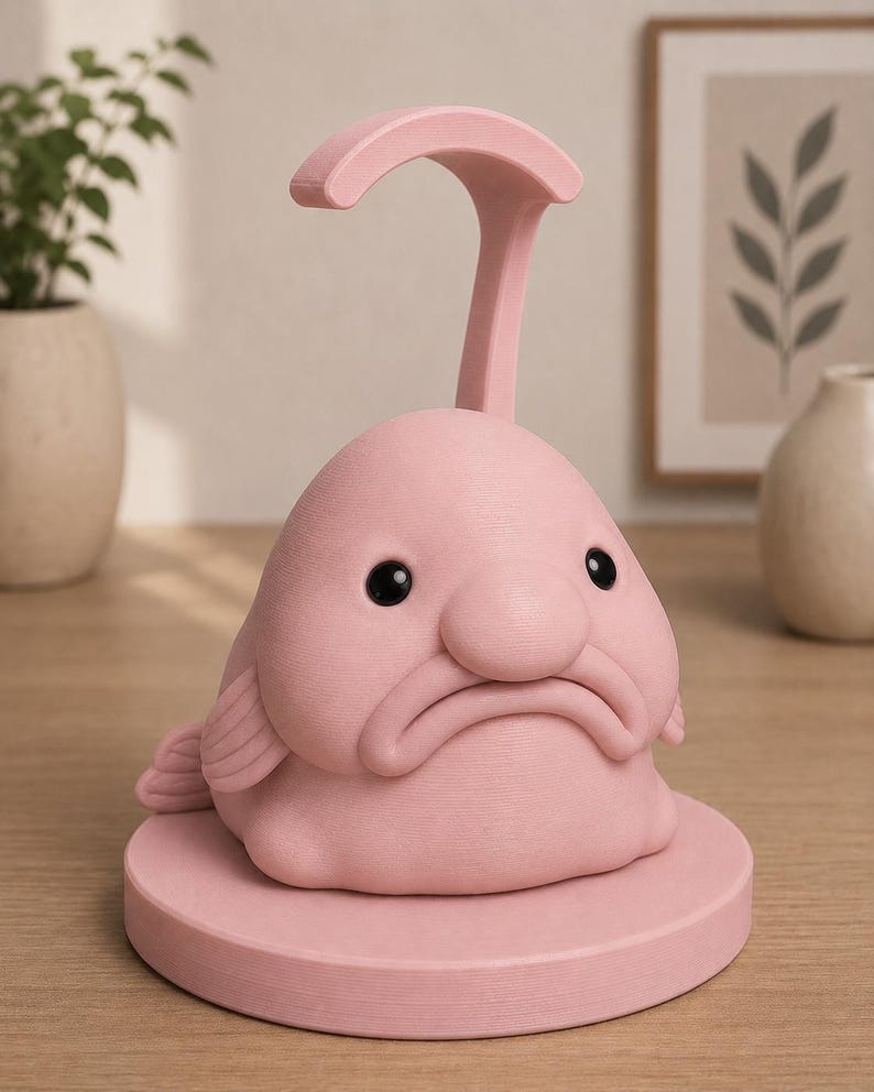 May include: A pink blob fish figurine with a curved handle, set on a round base. The figurine has black eyes and a downturned mouth, giving it a sad expression. The item is made of a solid, textured material.