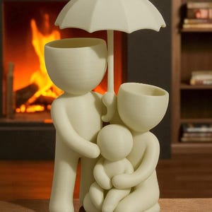 May include: A cream-colored family figurine, featuring a parent figure holding an umbrella over a family of three. The figures have open-top heads, possibly for use as planters. The umbrella is held by the parent figure, sheltering the other two figures.