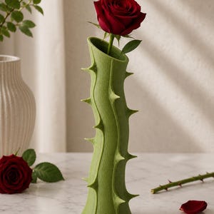 May include: A green vase with a thorn design, holding a single red rose. The vase has a unique, textured surface and is shaped like a stem with sharp, protruding thorns. The rose is in full bloom.