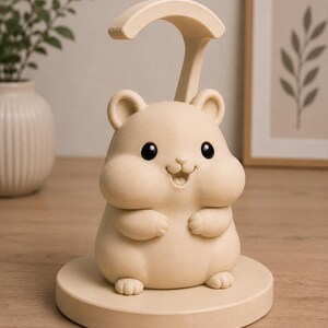 May include: A beige hamster-shaped desk lamp with a curved top. The lamp has a round base and a smiling face with black eyes. The lamp is made of a light-colored material and sits on a wooden surface.