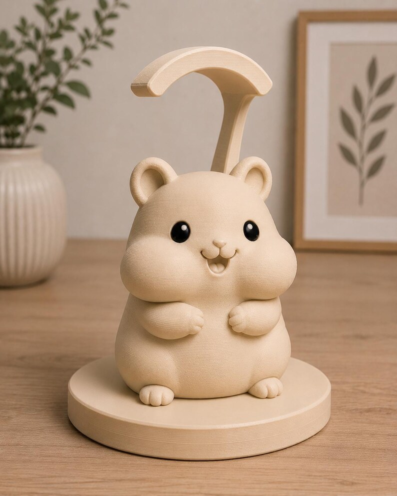 May include: A beige hamster-shaped desk lamp with a curved top. The lamp has a round base and a smiling face with black eyes. The lamp is made of a light-colored material and sits on a wooden surface.