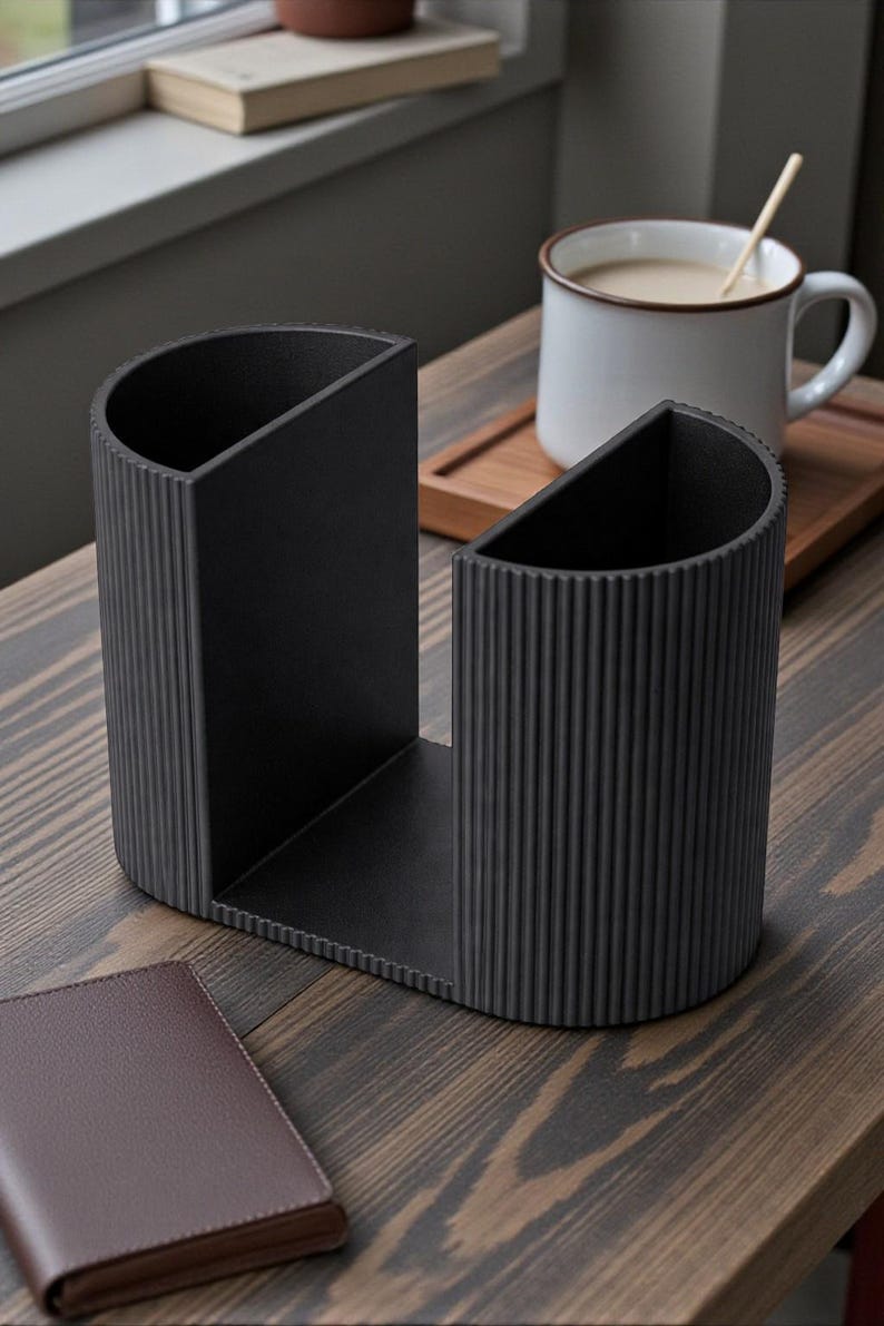 May include: A black desk tidy with a ribbed texture, featuring two semi-circular compartments. A brown leather wallet sits nearby on a wooden surface. A white mug with coffee and a wooden spoon rests on a wooden tray.