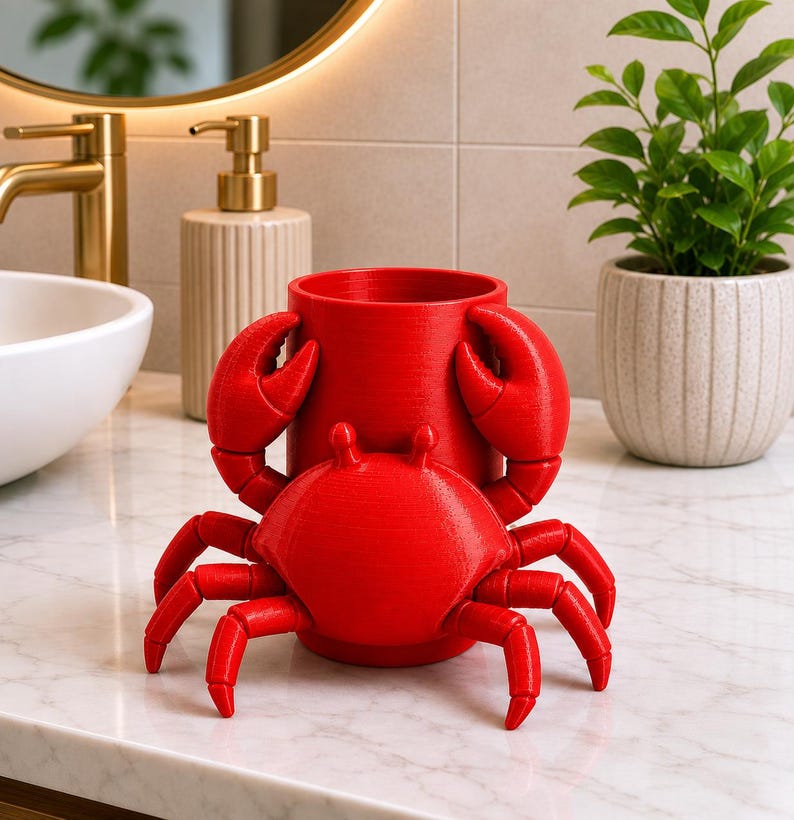 May include: A bright red crab-shaped container, likely a toothbrush holder, sits on a marble countertop. The container has a cylindrical shape with large crab claws on either side. A smaller crab is in front of the container.