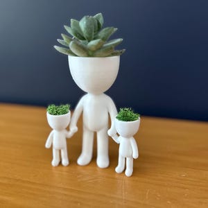 May include: A white, whimsical planter family. The adult figure holds the hands of two smaller figures. The adult figure's head holds a green succulent, while the smaller figures have green moss in their heads. The figures are on a wooden surface.