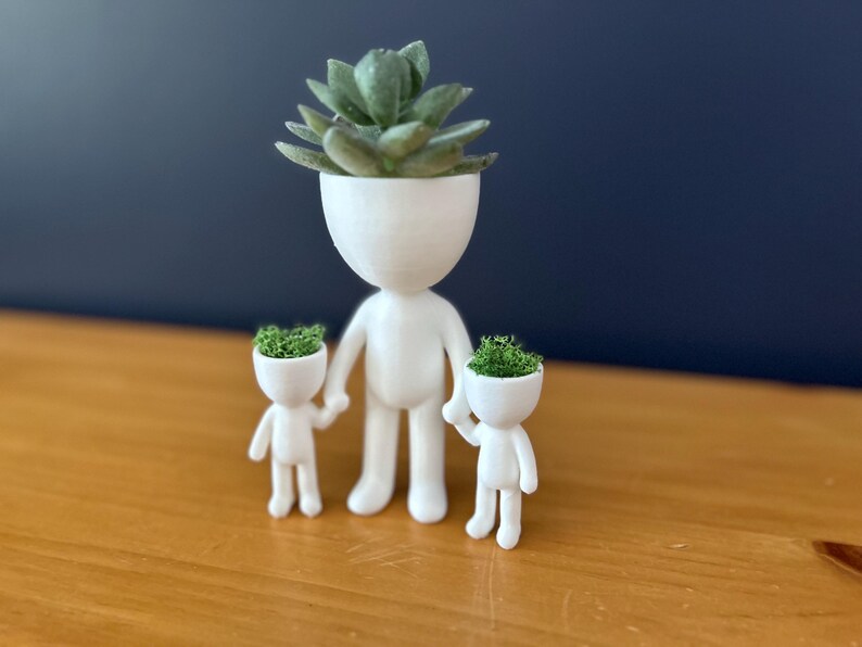 May include: A white, whimsical planter family. The adult figure holds the hands of two smaller figures. The adult figure's head holds a green succulent, while the smaller figures have green moss in their heads. The figures are on a wooden surface.