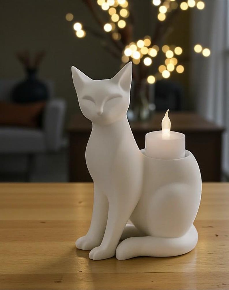 Op de afbeelding: Een witte keramische kandelaar in de vorm van een zittende kat. De kat heeft gesloten ogen en puntige oren. Hij houdt een witte kaars met een flikkerende vlam vast. De kandelaar staat op een houten oppervlak.
