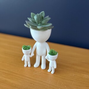 May include: A white figurine family with succulent plants for heads. The parent figure holds the hands of two smaller figures. The plants are green and the background is a dark blue wall and a wooden surface.