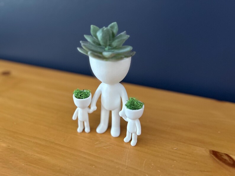May include: A white figurine family with succulent plants for heads. The parent figure holds the hands of two smaller figures. The plants are green and the background is a dark blue wall and a wooden surface.
