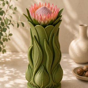 May include: A green vase with a detailed leaf design, holding a large pink and green protea flower. The vase has a textured surface and a unique, organic shape, creating a striking floral arrangement.