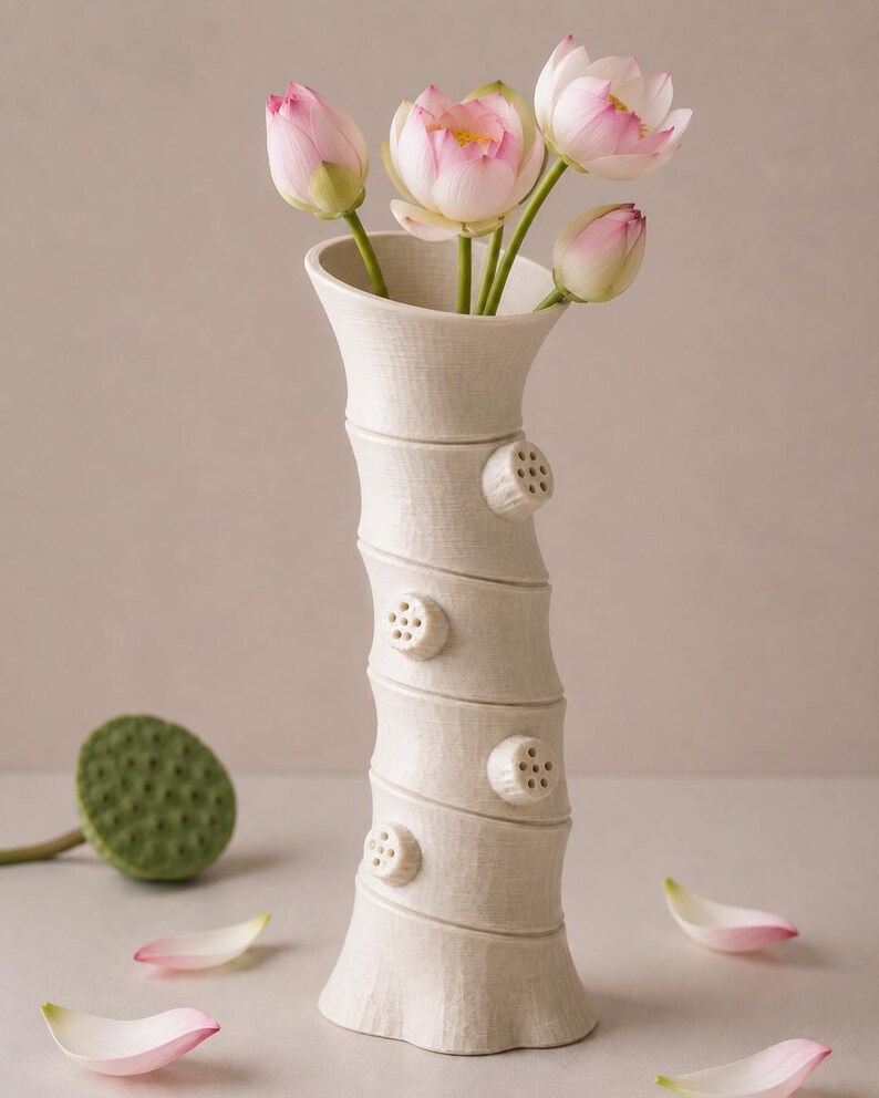 May include: A cream ceramic vase with a textured finish, displaying pink and white lotus flowers. The vase features a distinctive bamboo-style design with circular embellishments. Pink and white petals and a green seed pod are scattered around the vase.