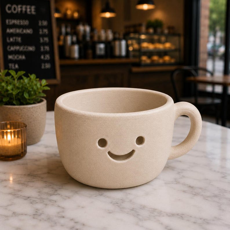 Peut inclure: Une tasse &agrave; caf&eacute; en c&eacute;ramique beige avec un motif de visage souriant. La tasse a une forme arrondie, une anse et une surface textur&eacute;e. La tasse est pos&eacute;e sur une table en marbre dans un caf&eacute;.