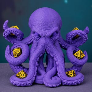 May include: A purple octopus figurine with multiple tentacles, each holding a yellow and black dice. The octopus has a detailed, textured surface. The dice are multi-sided, with visible numbers. The figurine is likely for tabletop gaming.