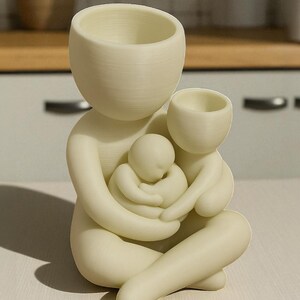 K&ouml;nnte beinhalten: Cremefarbene Keramikskulptur einer Mutterfigur, die zwei Kinder umarmt. Die Skulptur hat eine glatte, matte Oberfl&auml;che und verf&uuml;gt &uuml;ber drei Gef&auml;&szlig;e mit offener Oberseite, die auf einen Pflanztopf oder einen dekorativen Gegenstand hindeuten. Das Design ist minimalistisch und modern.