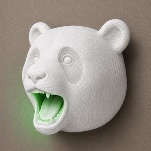 May include: A white panda bear head sculpture with an open mouth and green glowing interior. The sculpture has detailed fur texture and is mounted on a neutral-toned wall. The panda's mouth is open, revealing teeth and a green tongue.