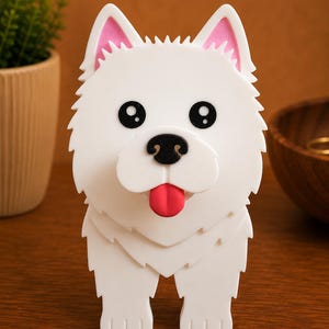 May include: A white dog-shaped ornament with pink inner ears, black eyes, and a red tongue. The figurine has a fluffy appearance and is standing upright. The background is a warm brown colour.