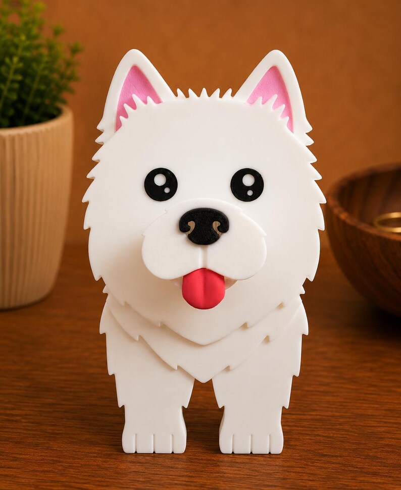 May include: A white dog-shaped ornament with pink inner ears, black eyes, and a red tongue. The figurine has a fluffy appearance and is standing upright. The background is a warm brown colour.
