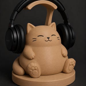 May include: A tan cat-shaped headphone stand with a smiling face and paw details. Black headphones rest on the stand. The stand is made of a light brown material and sits on a round base. The headphones are black.
