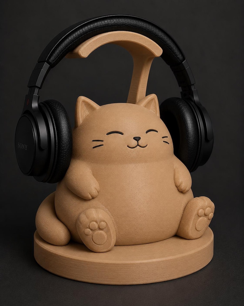 May include: A tan cat-shaped headphone stand with a smiling face and paw details. Black headphones rest on the stand. The stand is made of a light brown material and sits on a round base. The headphones are black.