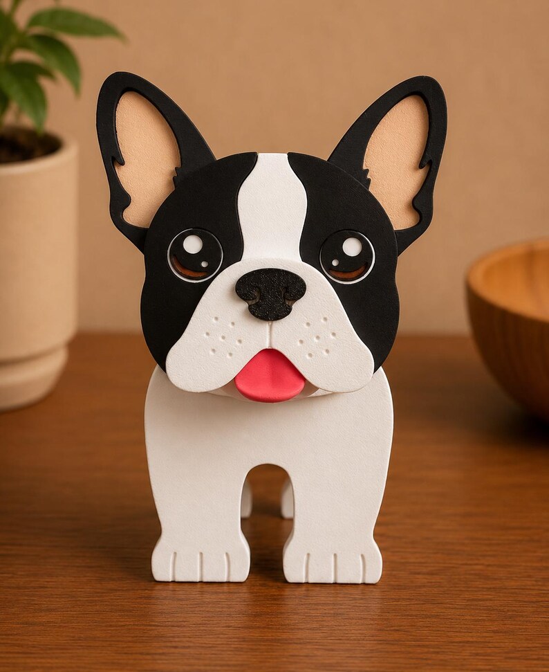 May include: A wooden French Bulldog figurine with a black and white face, large brown eyes, and a red tongue. The dog has large, upright ears with tan interiors and a white body. The figurine is standing on a wooden surface.