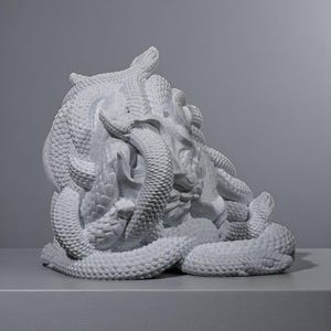 Peut inclure: Une sculpture blanche repr&eacute;sentant des serpents entrelac&eacute;s. Les serpents s'enroulent autour d'une forme centrale, avec des &eacute;cailles et des textures d&eacute;taill&eacute;es. La sculpture est pos&eacute;e sur un fond gris, soulignant le design complexe.