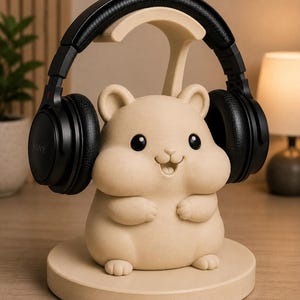 May include: A beige hamster-shaped headphone stand with black headphones. The stand has a round base and a curved support for the headphones. The headphones are black with the brand name "SONY" visible. The hamster has a smiling face.