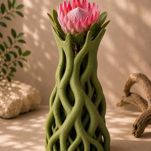 May include: A green, tree-root-inspired vase holding a pink protea flower with green leaves. The vase has a textured surface and a unique, organic design. The flower is in full bloom, showcasing its vibrant color.