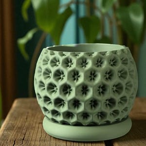 May include: A sage green ceramic planter with a honeycomb pattern. The round planter sits on a matching saucer, and the surface has a textured, porous appearance. The background includes blurred green foliage.