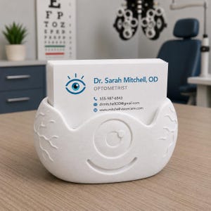 May include: A white, eye-shaped business card holder with a stack of white business cards. The cards display the name "Dr. Sarah Mitchell, OD OPTOMETRIST" and contact information. The holder has a carved eye design and sits on a wooden surface.