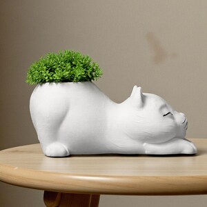 May include: A white ceramic cat-shaped planter with a green plant sprouting from its back. The cat is lying down with its eyes closed, and the planter sits on a light brown wooden table.