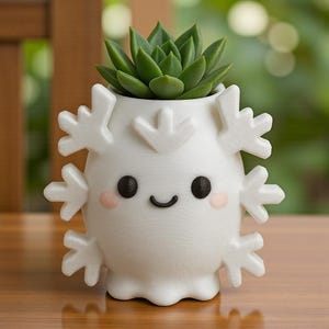 May include: A white, cartoon-style plant pot with a green succulent inside. The pot has a smiling face with black eyes and pink cheeks, and snowflake-shaped features. The pot is designed to hold a small plant.