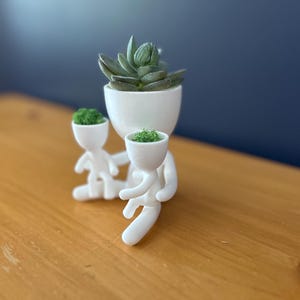 May include: A white ceramic planter shaped like a person, holding two smaller planters. The largest planter holds a succulent, while the smaller ones contain green moss. The arrangement sits on a wooden surface against a blue background.