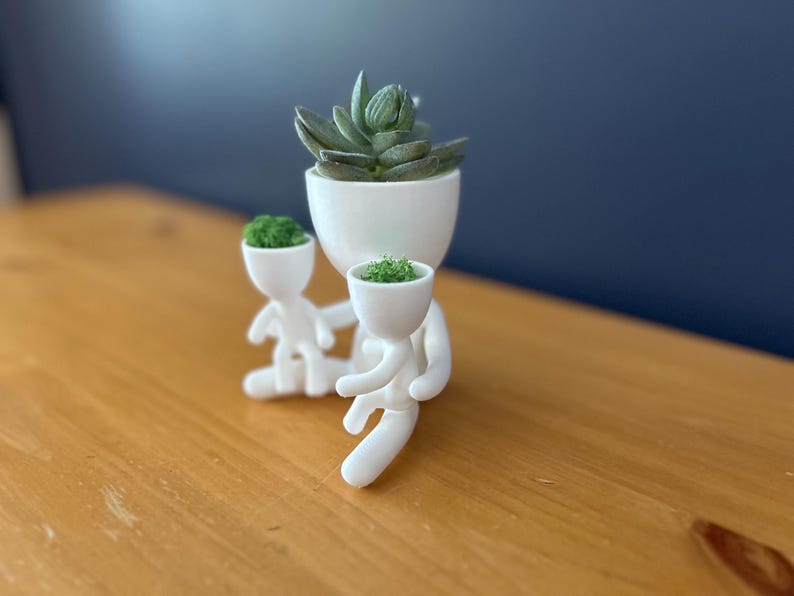 May include: A white ceramic planter shaped like a person, holding two smaller planters. The largest planter holds a succulent, while the smaller ones contain green moss. The arrangement sits on a wooden surface against a blue background.