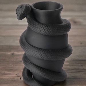 Puede incluir: Un jarr&oacute;n negro mate con un dise&ntilde;o de serpiente enrollada. La serpiente se enrolla alrededor del jarr&oacute;n, con la cabeza de la serpiente cerca de la parte superior. El jarr&oacute;n tiene forma cil&iacute;ndrica con una parte superior ensanchada.