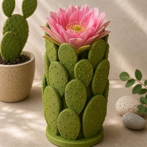May include: A green cactus-shaped vase with a vibrant pink flower blooming from the top. The vase is adorned with rounded, textured cactus pads. A potted cactus and decorative stones are in the background.
