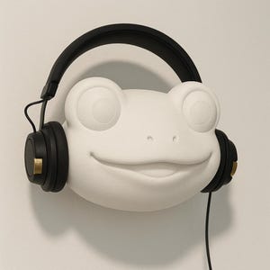 May include: A white frog-shaped wall mount with black headphones. The frog has a smiling expression and detailed eye sockets. The headphones have gold accents on the earcups and a black cord.