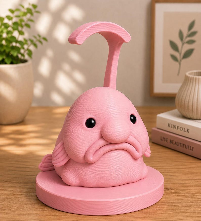 May include: A pink blobfish-shaped desk lamp with a curved handle. The lamp has black eyes and a sad expression. It sits on a round base. The lamp is made of a smooth material and is a unique decorative item.