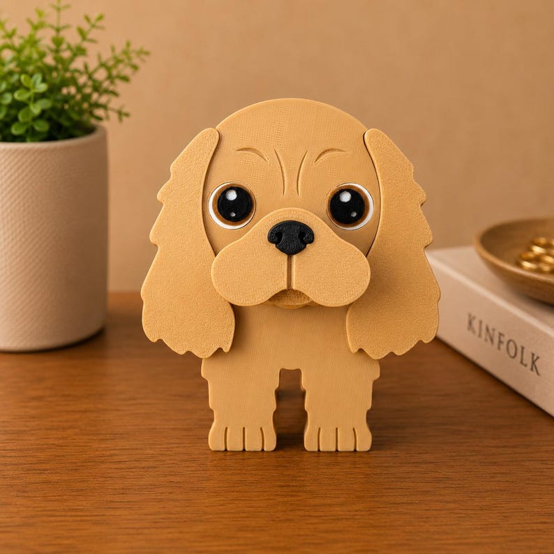 K&ouml;nnte beinhalten: Hellbraune Hunde-Figur mit gro&szlig;en, ausdrucksstarken Augen und einer schwarzen Nase. Der Hund hat Schlappohren und einen freundlichen Gesichtsausdruck. Die Figur besteht aus glattem Material und steht auf einer Holzoberfl&auml;che.