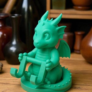 May include: A vibrant green dragon figurine with large eyes, horns, and wings. The dragon is holding a letter "J" in its hands. The figurine is sitting on a round base and has a long tail. The dragon is a whimsical decorative item.