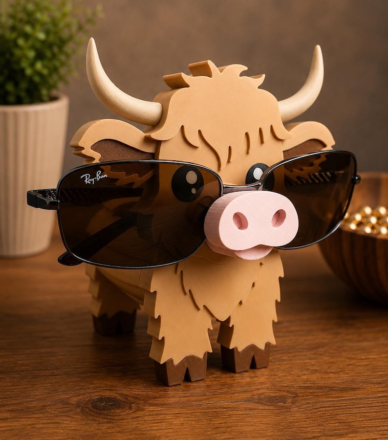 May include: A whimsical, brown Highland cow-shaped eyeglass holder with a light pink nose and cream-colored horns. The holder is wearing black Ray-Ban sunglasses. The holder is made of wood and has a shaggy appearance.