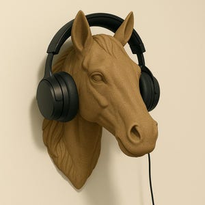 May include: A brown horse head wall mount with black headphones. The horse head is sculpted with detailed features and is mounted on a cream-coloured wall. The headphones are placed over the horse's ears, with the cord hanging down.