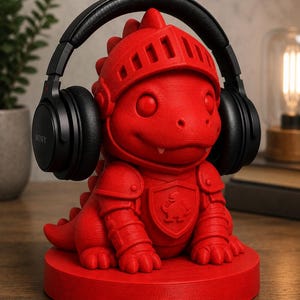 May include: A red dragon-shaped headphone stand with a knight's helmet and armor. The stand holds a pair of black Sony headphones. The dragon is sitting on a round base. The stand is made of a 3D printed material.