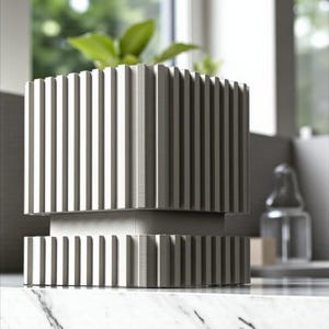 May include: A modern, gray planter with a ribbed design. The square-shaped planter has a base and top section with vertical grooves. A green plant is visible inside the planter, which sits on a marble surface.