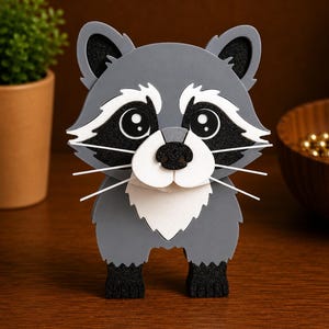 May include: A gray and white raccoon figurine with black accents. The raccoon has large, round eyes, a white muzzle, and long white whiskers. The figurine is standing on a wooden surface.