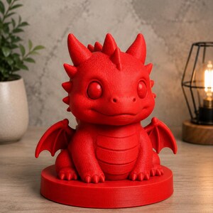 K&ouml;nnte beinhalten: Rote Drachenfigur mit gro&szlig;en Augen, kleinen Fl&uuml;geln und einem stacheligen R&uuml;cken. Der Drache sitzt auf einem runden Sockel. Die Figur besteht aus einem festen Material und ist ein dekorativer Gegenstand.