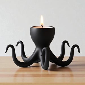 Op de afbeelding: Een zwarte kandelaar in de vorm van een octopus met acht gebogen tentakels. Een brandende kaars staat in het midden en geeft een warme gloed. De houder is gemaakt van een mat materiaal en staat op een houten oppervlak.