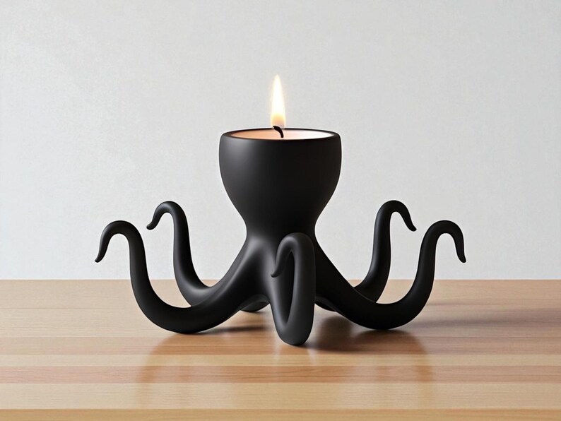 Op de afbeelding: Een zwarte kandelaar in de vorm van een octopus met acht gebogen tentakels. Een brandende kaars staat in het midden en geeft een warme gloed. De houder is gemaakt van een mat materiaal en staat op een houten oppervlak.