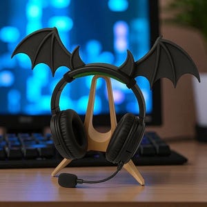 May include: Black gaming headphones with a microphone, featuring bat wing and horn accents. The headphones are displayed on a wooden stand, set against a blurred background of a computer monitor and keyboard.