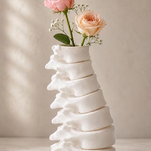 May include: A white ceramic vase shaped like a spine, holding two roses. One rose is light pink, the other is peach. The vase has a unique, anatomical design, and the flowers add a touch of color.