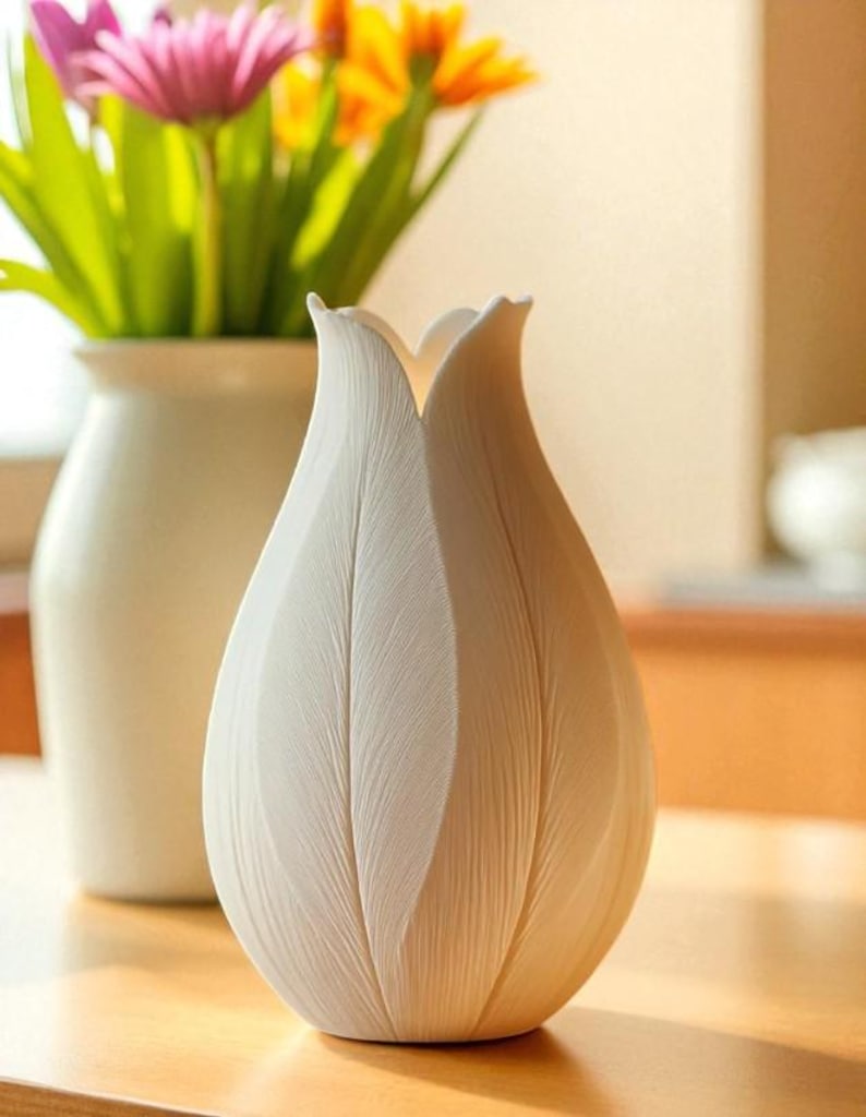 May include: A white, tulip-shaped vase with textured, petal-like details. The vase is on a wooden surface, with a blurred background featuring a white vase holding pink and yellow flowers. The vase is a decorative item.